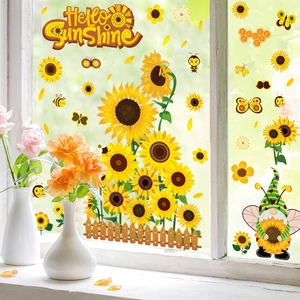 Sunflower gnome window decals with Hello Sunshine text and bee motifs for spring decor