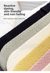 Detail of hollow lace knit fabric in multiple colors with breathable mesh texture