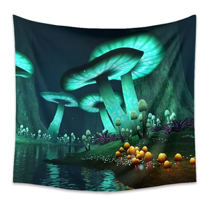 Close-up of a fantasy forest tapestry with glowing blue mushrooms and water reflections
