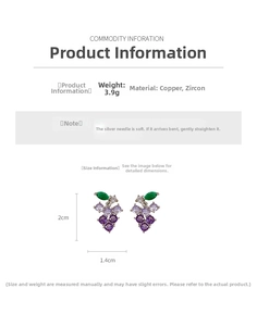 Detail view of grape-shaped zircon earrings with 2cm height and 3.9g weight specifications