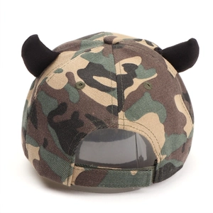 Back view of camouflage baseball cap with devil horns and adjustable strap