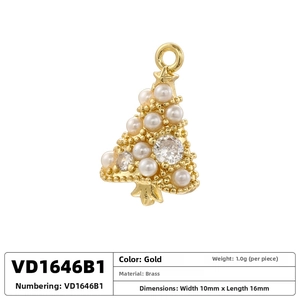 Detail view of a Christmas tree pendant with pearls and zircons in gold brass finish
