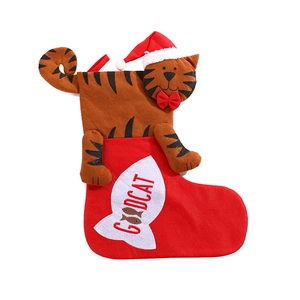 Christmas stocking with brown tabby cat, red hat and GOODCAT embroidery on white background
