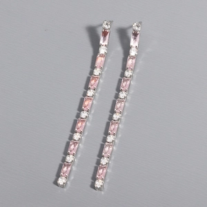 Elegant 18K gold plated silver drop earrings with pink baguette and clear round zircons