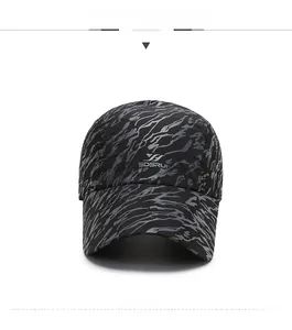 Front view of black quick-dry baseball cap with grey tiger camo pattern and logo