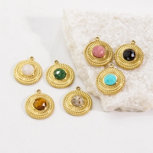 Round Natural Stone Pendant Stainless Steel 14K Gold Plated Faceted Bezel Charms DIY Jewelry Making Bohemian Style