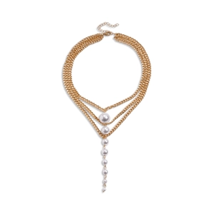 Multilayer gold V-chain necklace with cascading faux pearl tassels for women