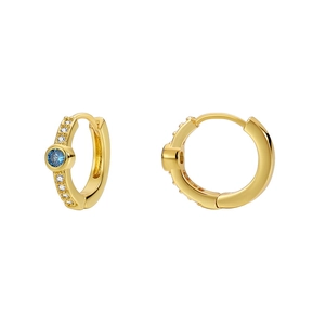 French style gold huggie earrings featuring blue zircon and pavé white stones