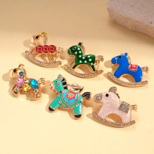 Set of six cartoon rocking horse brooches with colorful enamel and sparkling rhinestones