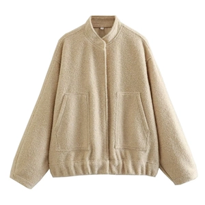 Women's minimalist beige sherpa bomber jacket with stand collar and large front pockets