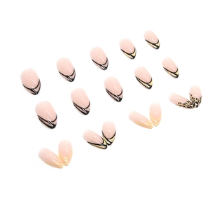 Minimalist almond press-on nails with leopard print and yellow French stripe patterns