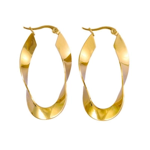 Polished 18K gold plated stainless steel U-shaped twisted hoop earrings on white background