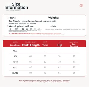 Detailed size chart for recycled yoga leggings with fabric specs and washing instructions