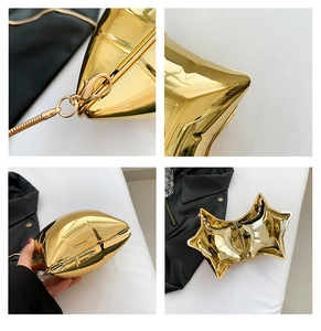Detailed views of gold star acrylic clutch with metallic finish and gold chain strap
