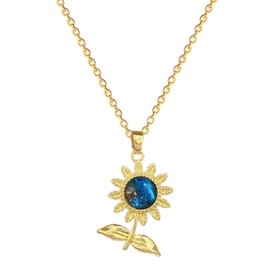 Collier élégant en acier titane doré avec pendentif tournesol et pierre précieuse bleue