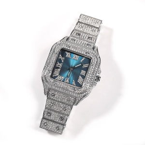 Iced out square hip hop watch with silver diamond-set band and blue Roman numeral dial