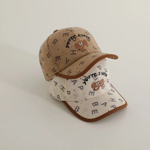 Kids corduroy baseball cap with letter print and puppy embroidery in beige and brown