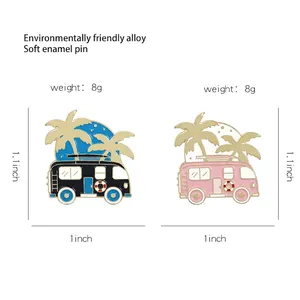Vintage RV camper enamel pins with palm tree motifs in blue and pink retro bus styles