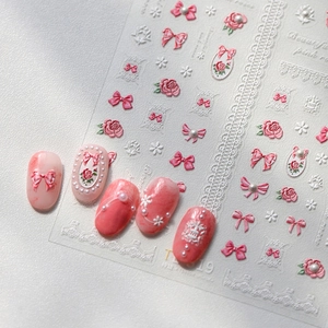Korean style pink bow and rose 5D embossed nail art stickers for professional manicure