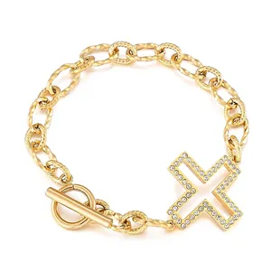 Chunky Chain Bracelet Stainless Steel With Rhinestone Hollow Cross Pendant Toggle Clasp Vintage Street Style Jewelry