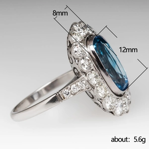 Luxury oval blue sapphire ring with sparkling zircon halo and 12x8mm dimensions
