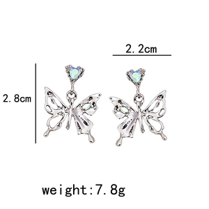 Silver butterfly earrings with colorful heart gem and dimensions of 2.2cm by 2.8cm