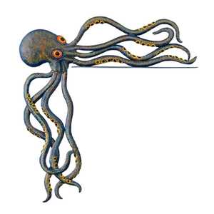 Modern blue resin octopus door corner decor with vibrant yellow and red accents