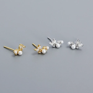 Elegant Flower Cluster Butterfly Stud Earrings With Artificial Pearl Cubic Zirconia And 925 Sterling Silver Earring Post