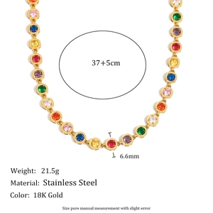 Detailed specs for 18K gold stainless steel tennis necklace with multi-colored cubic zirconia
