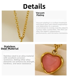 Macro detail of pink opal heart pendant with polished vacuum-plated stainless steel chain