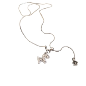 Elegant silver horse pendant necklace with zircon crystals and small flower charm