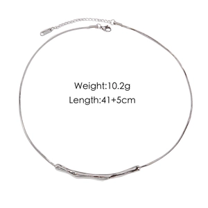 Silver snake chain necklace with irregular curved metal pendant and size specifications
