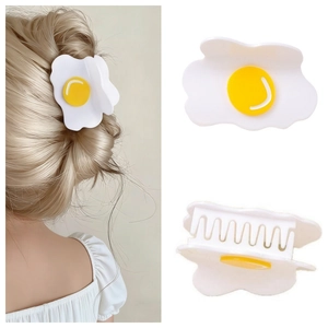 Cute Fried Egg Hair Claw Clip Acrylic Creative Poached Egg Shark Clip Novelty Food Shaped Hair Accessories For Women Girls