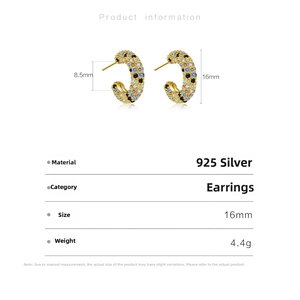 Detailed view of S925 silver hoop earrings with blue and yellow gems and 16mm diameter size
