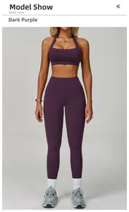 Detail view of the open back halter sports bra and high waist leggings in deep purple