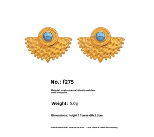 Macro detail of fan-shaped turquoise stud earrings in gold-plated stainless steel