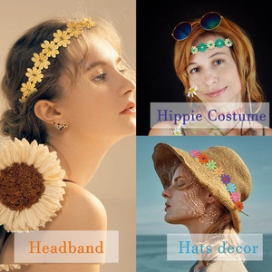Three-way view of embroidered daisy floral headbands worn as hair ties and hat decor