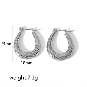 Silver 18K stainless steel C-shape earrings with twisted texture and dimensions