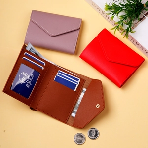 Minimalist trifold PU leather wallets with envelope flap and card slots in multiple colors