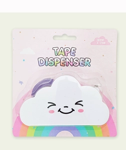 Close-up of white cloud-shaped tape dispenser with rainbow card and cute smile design