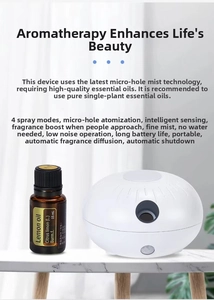 Macro shot of white spherical aroma diffuser with essential oil bottle on marble