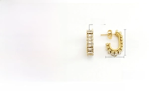 Detailed view of U-shaped gold stainless steel earrings with zircon inlay and dimensions