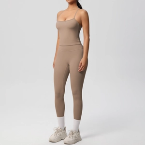 Two-piece mocha yoga set featuring thin strap tank top and high-waisted leggings