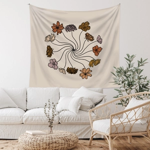 Detailed close-up of Bohemian floral tapestry in retro Morandi colors on white wall