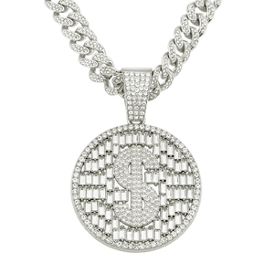 Detailed close-up of iced-out silver dollar sign pendant with sparkling crystal cuban chain
