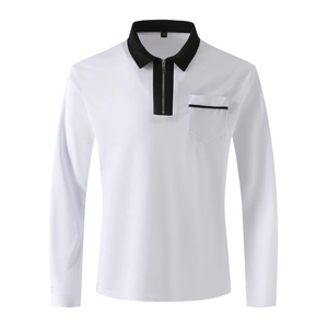 Detail of white long sleeve polo shirt with black contrast collar and zipper chest pocket