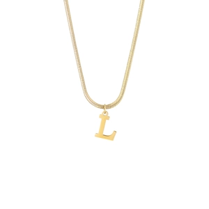 Macro detail of gold-plated 26-letter L pendant on a sleek metallic snake chain