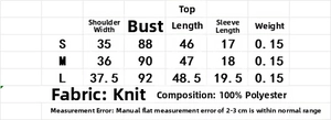 Detailed size chart for short sleeve cable knit top with shoulder and chest measurements