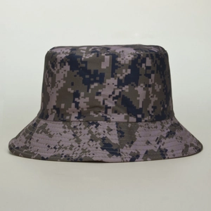 Detail of purple-gray digital camouflage fabric on the durable outdoor bucket hat