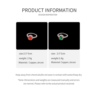 Detailed size specifications for oval zircon open rings in red and green colors